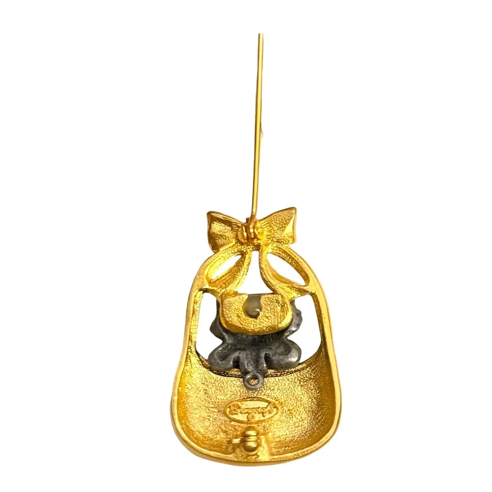Danecraft Signed Vintage Cat in Basket Brooch Pewter Cat Gold‎ Tone Pin